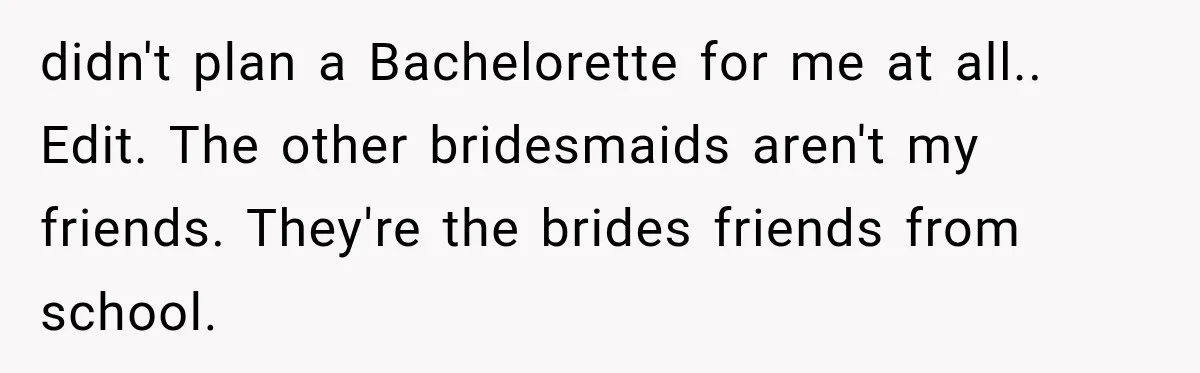 didn't plan a Bachelorette for me at all.. Edit. The other bridesmaids aren't my friends. They're the brides friends from school.