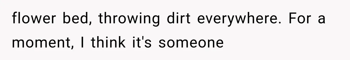 flower bed, throwing dirt everywhere. For a moment, I think it's someone
