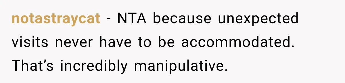 notastraycat − NTA because unexpected visits never have to be accommodated. That’s incredibly manipulative.