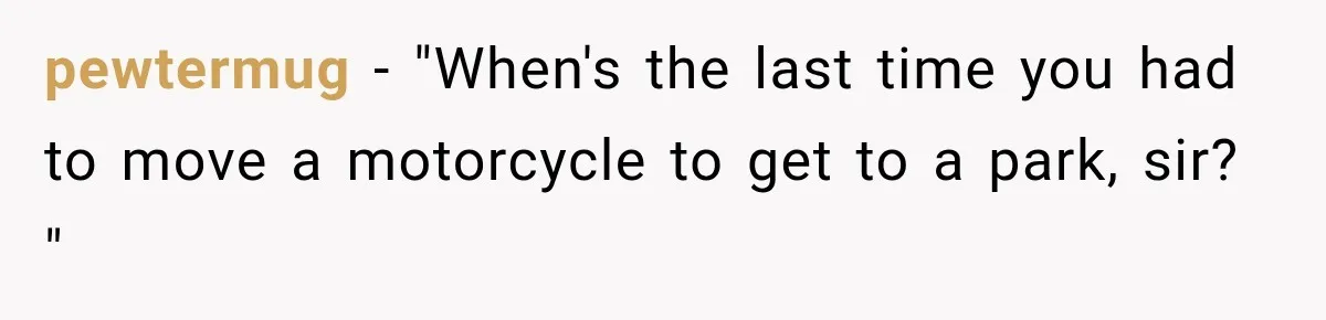 pewtermug − "When's the last time you had to move a motorcycle to get to a park, sir? "