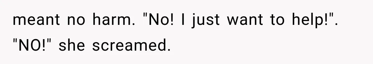 meant no harm. "No! I just want to help!". "NO!" she screamed.