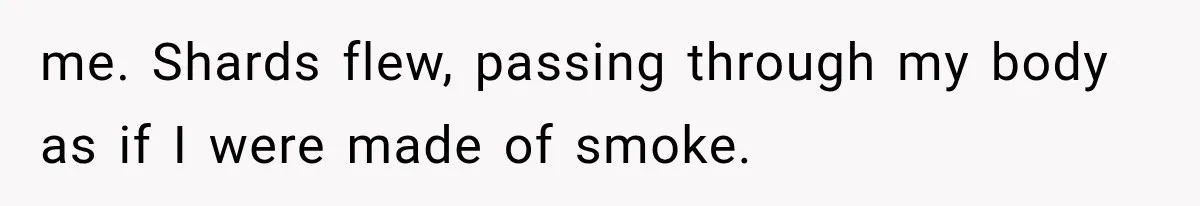 me. Shards flew, passing through my body as if I were made of smoke.