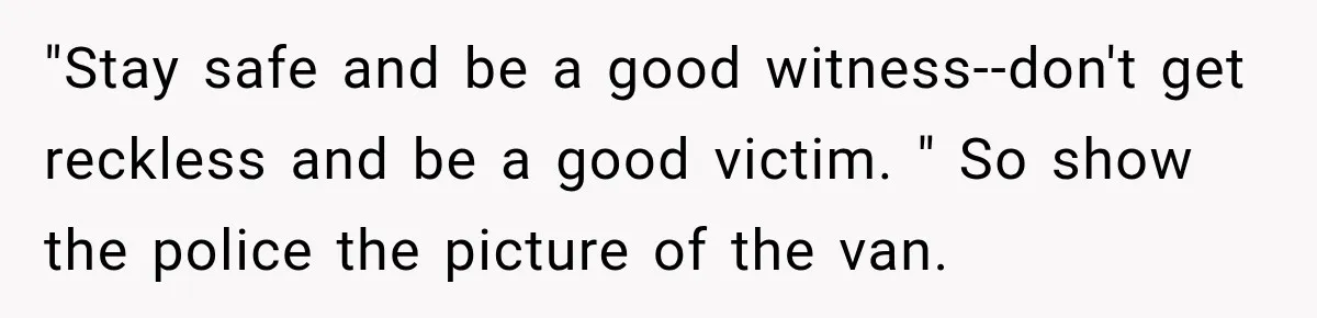 "Stay safe and be a good witness--don't get reckless and be a good victim. " So show the police the picture of the van.
