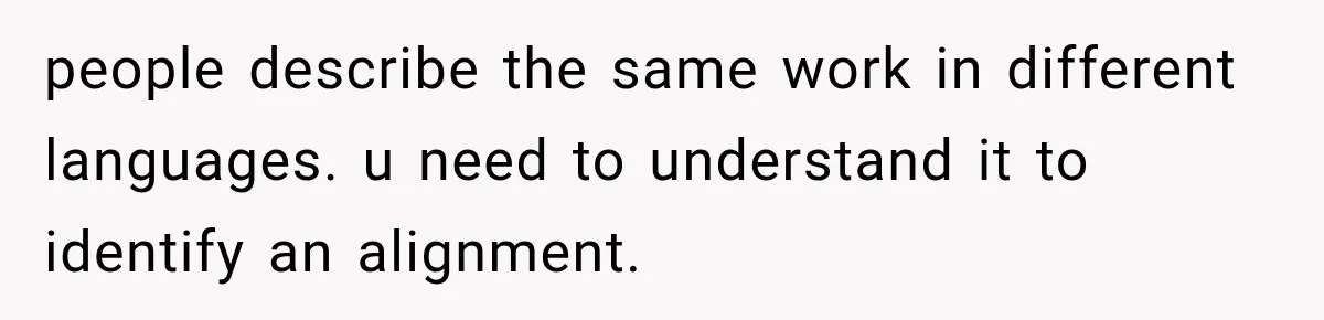 Recruiter Spends 30 Minutes Tearing Apart Her Experience, Then Months Later His Company Asks Her to Hire Through Them people describe the same work in different languages. u need to understand it to identify an alignment.