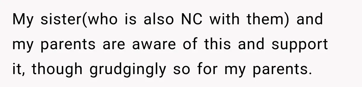 My sister(who is also NC with them) and my parents are aware of this and support it, though grudgingly so for my parents.