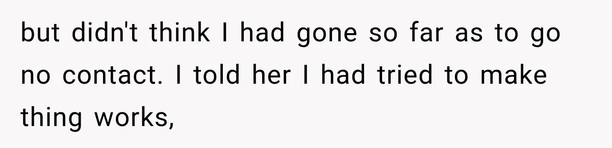 but didn't think I had gone so far as to go no contact. I told her I had tried to make thing works,