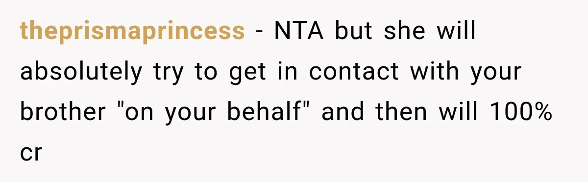 theprismaprincess − NTA but she will absolutely try to get in contact with your brother "on your behalf" and then will 100% cr
