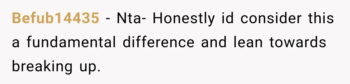 Befub14435 − Nta- Honestly id consider this a fundamental difference and lean towards breaking up.