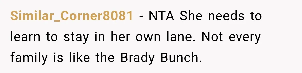 Similar_Corner8081 − NTA She needs to learn to stay in her own lane. Not every family is like the Brady Bunch.