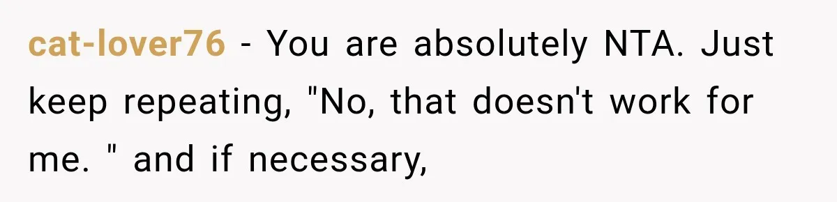 cat-lover76 − You are absolutely NTA. Just keep repeating, "No, that doesn't work for me. " and if necessary,