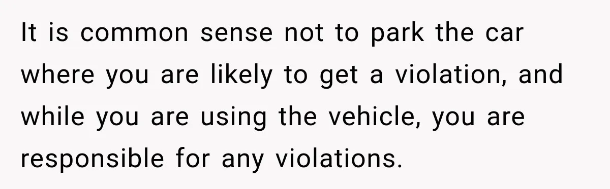It is common sense not to park the car where you are likely to get a violation, and while you are using the vehicle, you are responsible for any violations.