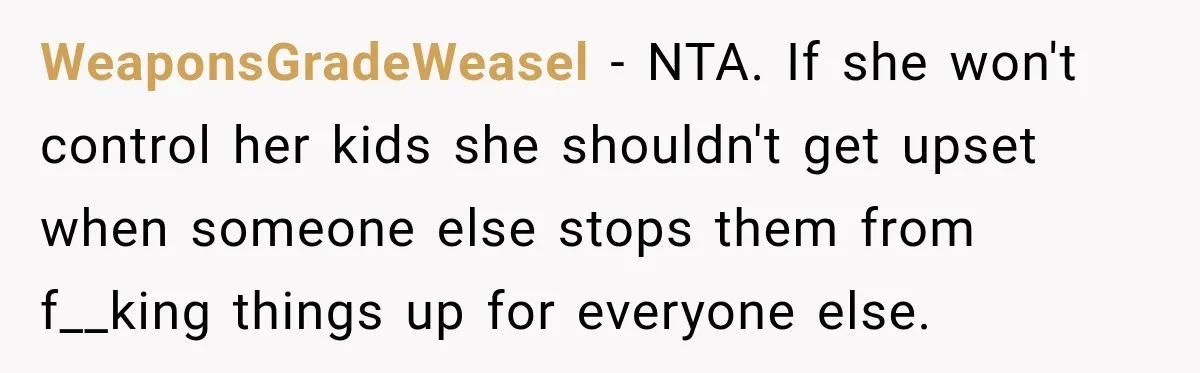 Man Tells Friend’s Teen to Stop Lifting a Bar’s Pool Table, Mom Says He Has No Right to Discipline Her Kids WeaponsGradeWeasel − NTA. If she won't control her kids she shouldn't get upset when someone else stops them from f__king things up for everyone else.