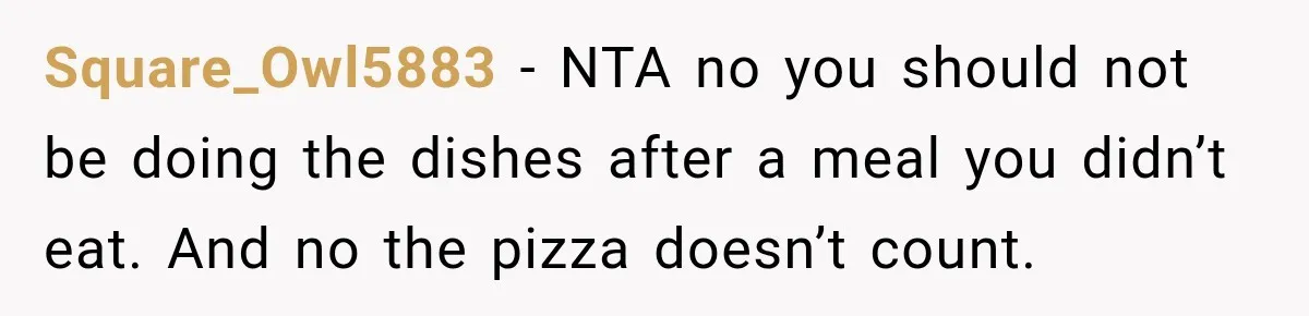 Square_Owl5883 − NTA no you should not be doing the dishes after a meal you didn’t eat. And no the pizza doesn’t count.