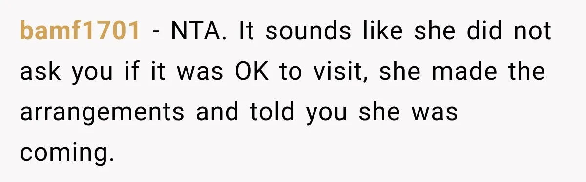 Woman Kicks Sister Out After She Complains Her 3-Year-Old Is Ruining Her ‘Vacation’ bamf1701 − NTA. It sounds like she did not ask you if it was OK to visit, she made the arrangements and told you she was coming.