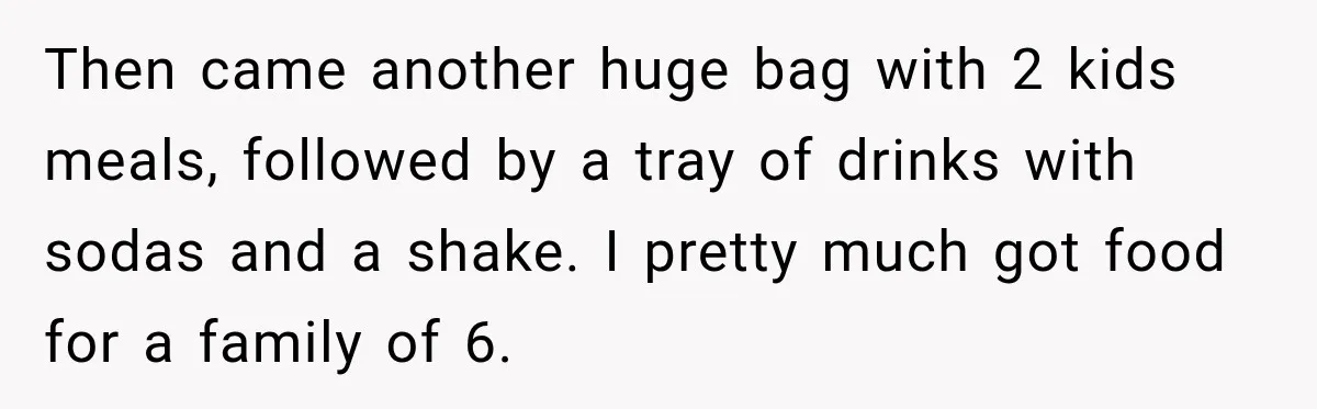 Then came another huge bag with 2 kids meals, followed by a tray of drinks with sodas and a shake. I pretty much got food for a family of 6.