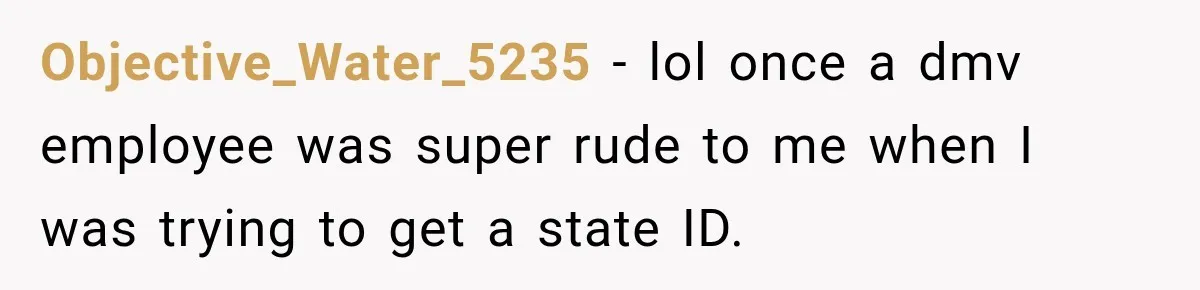 Objective_Water_5235 − lol once a dmv employee was super rude to me when I was trying to get a state ID.