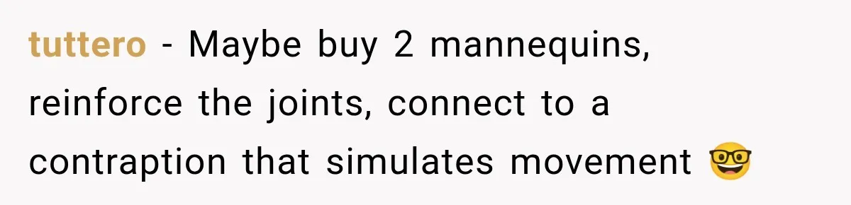 tuttero − Maybe buy 2 mannequins, reinforce the joints, connect to a contraption that simulates movement 🤓