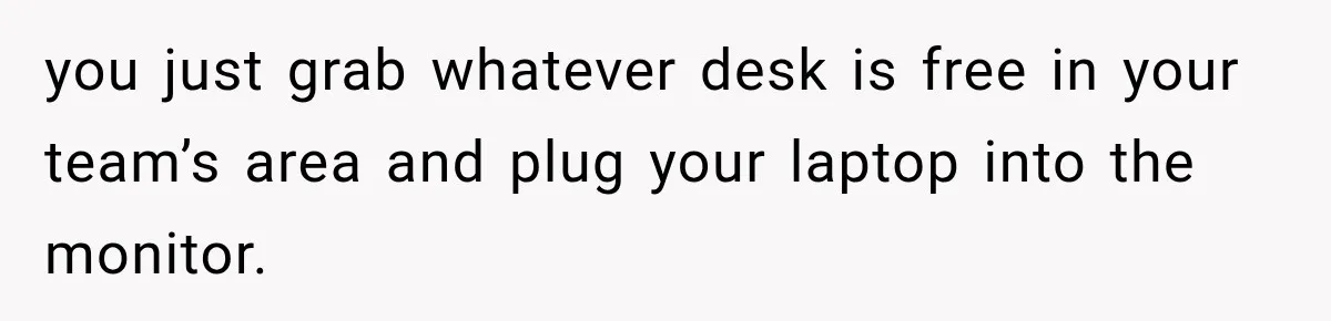 Coworker Invents a Rule to Claim a Hot Desk, Then Accidentally Gets Herself Reported to Management you just grab whatever desk is free in your team’s area and plug your laptop into the monitor.