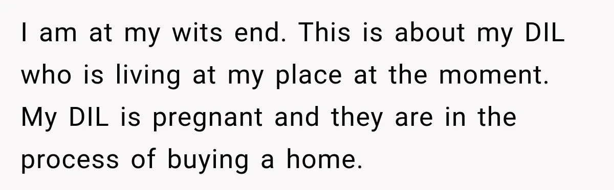 I am at my wits end. This is about my DIL who is living at my place at the moment. My DIL is pregnant and they are in the process...
