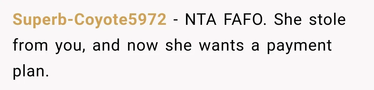 Man Refuses to Mark His Ex’s $18,000 Judgment as Paid Before She Actually Pays Him Superb-Coyote5972 − NTA FAFO. She stole from you, and now she wants a payment plan.