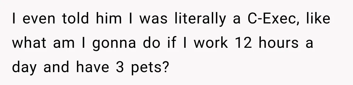 I even told him I was literally a C-Exec, like what am I gonna do if I work 12 hours a day and have 3 pets?