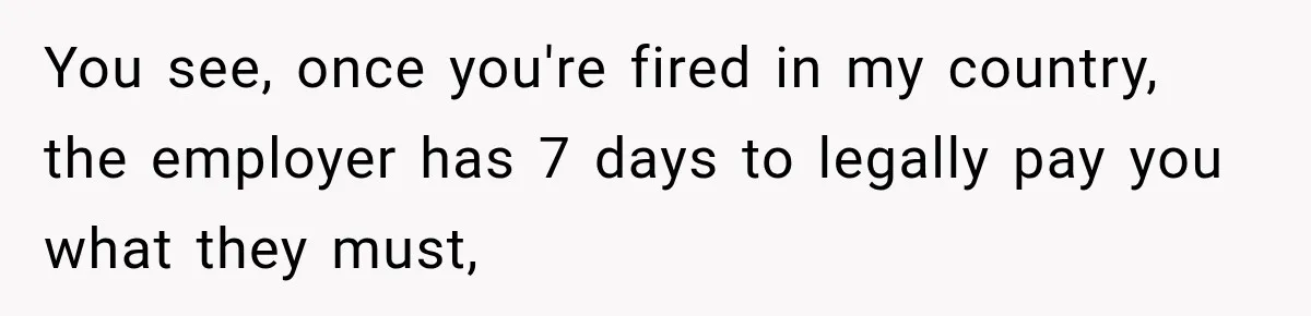 You see, once you're fired in my country, the employer has 7 days to legally pay you what they must,