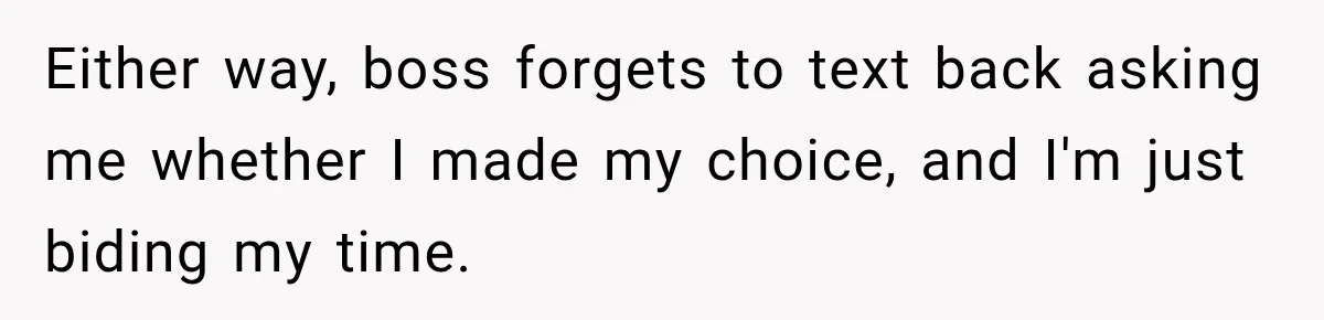 Either way, boss forgets to text back asking me whether I made my choice, and I'm just biding my time.