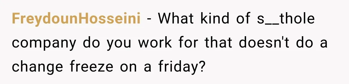 FreydounHosseini − What kind of s__thole company do you work for that doesn't do a change freeze on a friday?