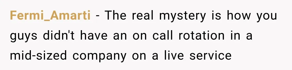 Fermi_Amarti − The real mystery is how you guys didn't have an on call rotation in a mid-sized company on a live service