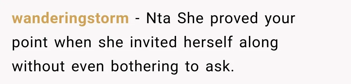 wanderingstorm − Nta She proved your point when she invited herself along without even bothering to ask.