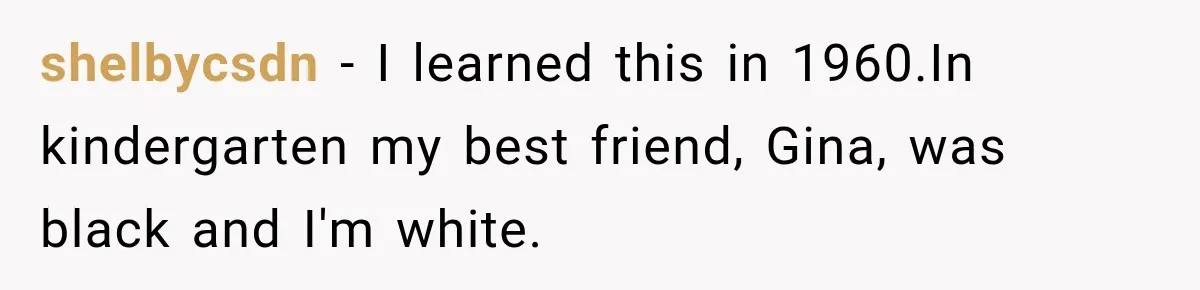 Brother Tells A Racist Story, Sister Uses Logic To Make Him Question Every Detail shelbycsdn − I learned this in 1960.In kindergarten my best friend, Gina, was black and I'm white.