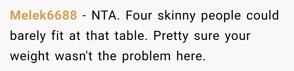 Melek6688 − NTA. Four skinny people could barely fit at that table. Pretty sure your weight wasn't the problem here.