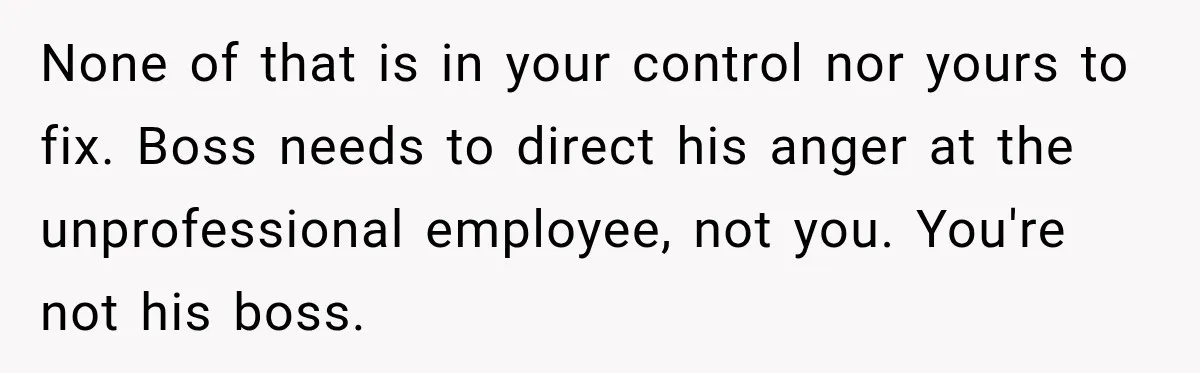 None of that is in your control nor yours to fix. Boss needs to direct his anger at the unprofessional employee, not you. You're not his boss.