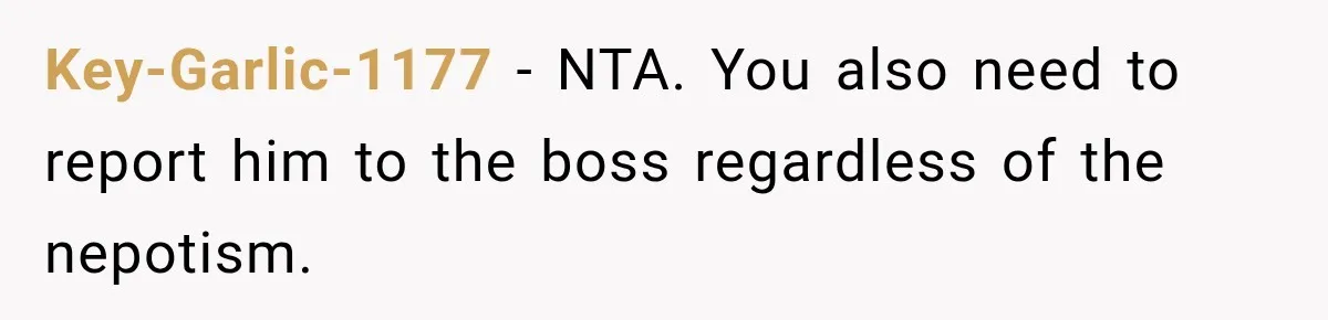 Key-Garlic-1177 − NTA. You also need to report him to the boss regardless of the nepotism.