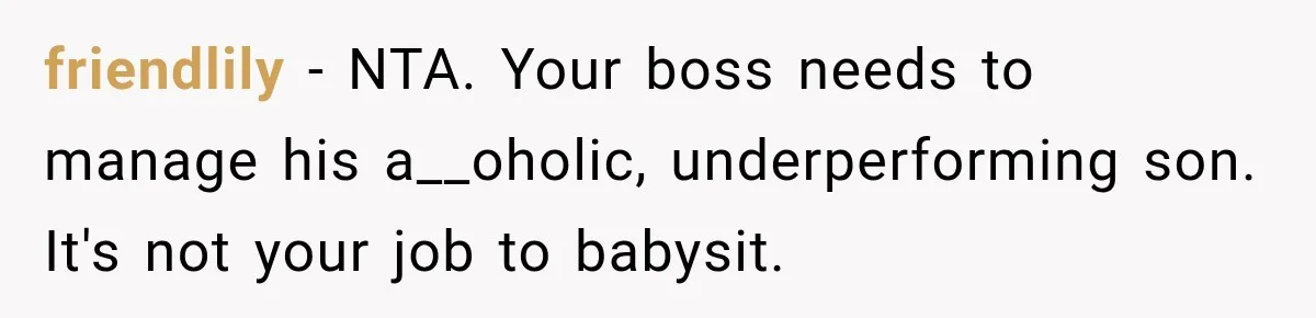 friendlily − NTA. Your boss needs to manage his a__oholic, underperforming son. It's not your job to babysit.
