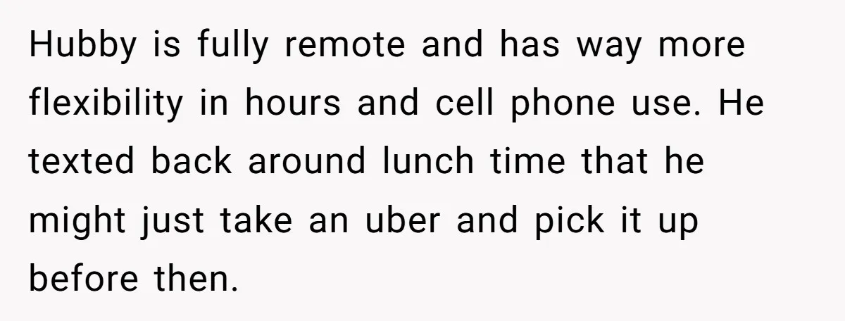Hubby is fully remote and has way more flexibility in hours and cell phone use. He texted back around lunch time that he might just take an uber and pick...