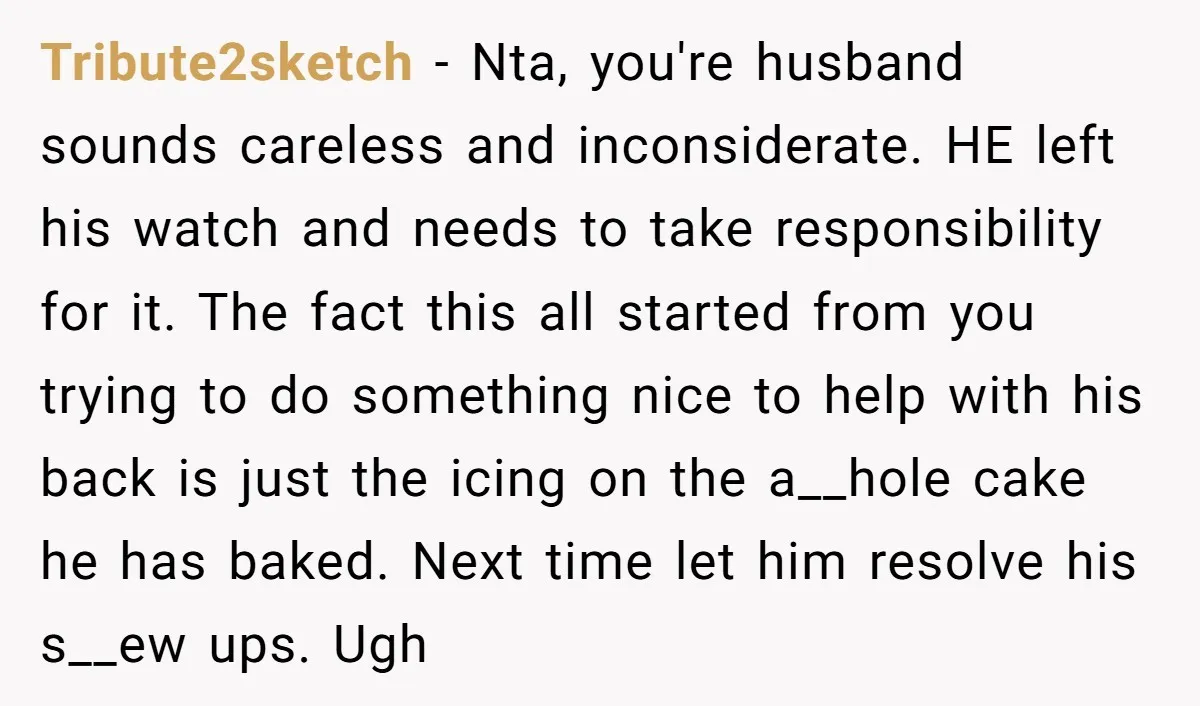 Tribute2sketch − Nta, you're husband sounds careless and inconsiderate. HE left his watch and needs to take responsibility for it. The fact this all started from you trying to do...