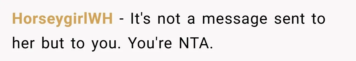 HorseygirlWH − It's not a message sent to her but to you. You're NTA.