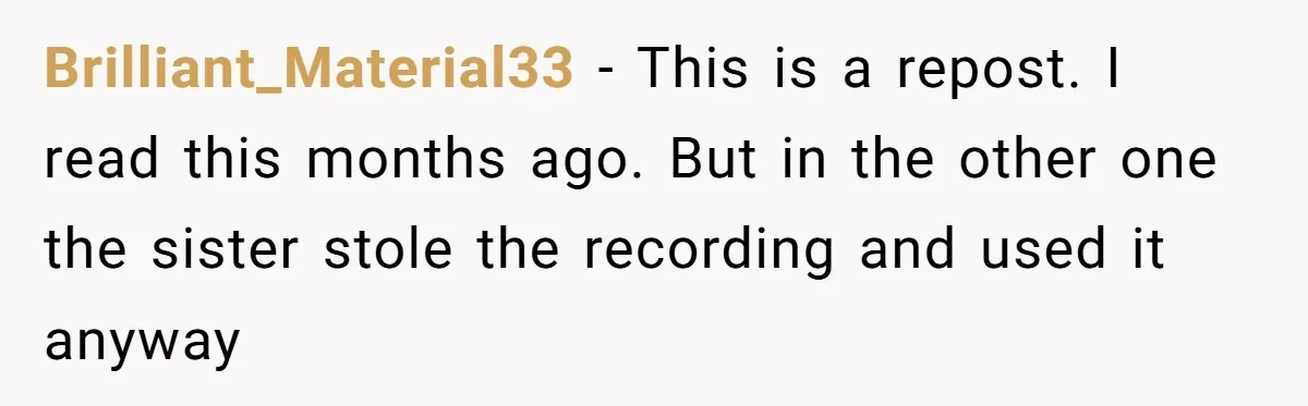 Brilliant_Material33 − This is a repost. I read this months ago. But in the other one the sister stole the recording and used it anyway