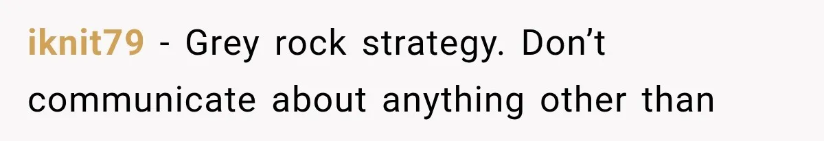 iknit79 − Grey rock strategy. Don’t communicate about anything other than