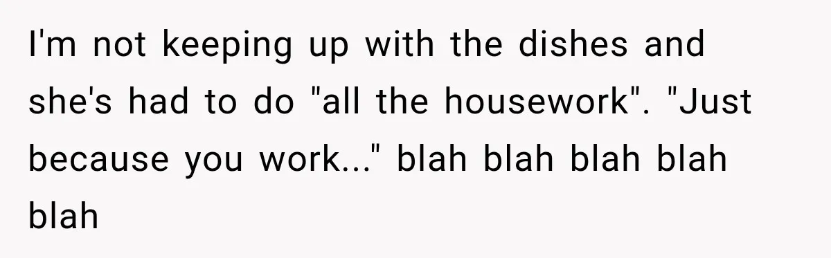 I'm not keeping up with the dishes and she's had to do "all the housework". "Just because you work..." blah blah blah blah blah