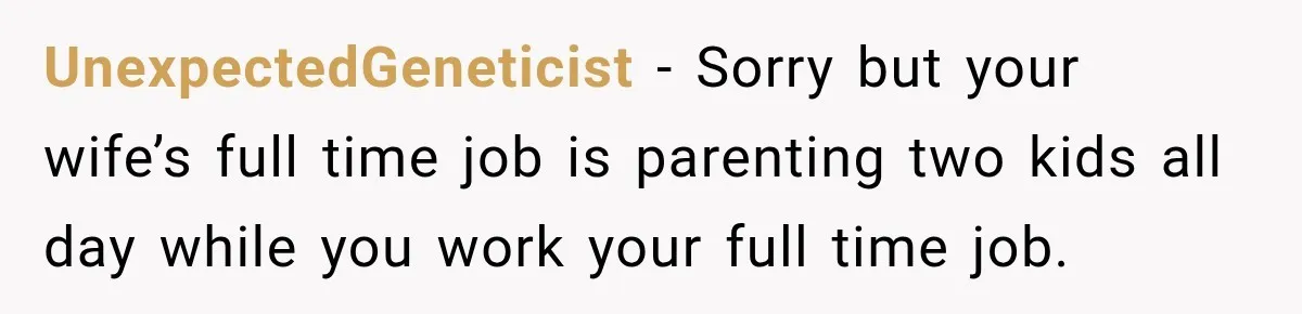 UnexpectedGeneticist − Sorry but your wife’s full time job is parenting two kids all day while you work your full time job.