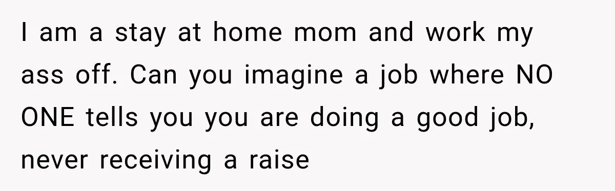 I am a stay at home mom and work my ass off. Can you imagine a job where NO ONE tells you you are doing a good job, never receiving...