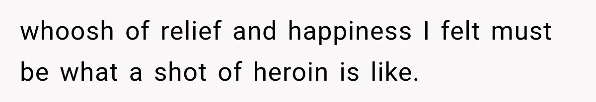 whoosh of relief and happiness I felt must be what a shot of heroin is like.