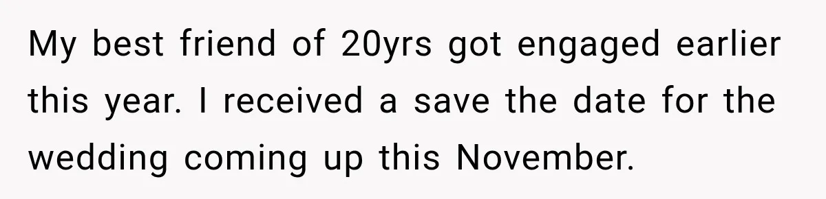 Girlfriend Threatens To End Relationship If Boyfriend Becomes His Best Friend’s Best Man My best friend of 20yrs got engaged earlier this year. I received a save the date for the wedding coming up this November.