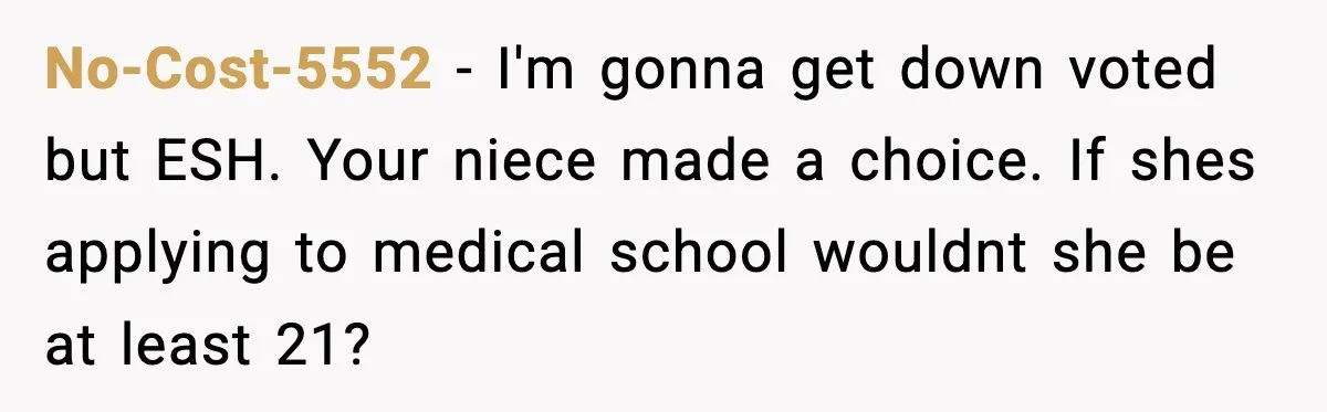 Woman Rejects Her Med School Offer, Regrets It, and Her Uncle Pulls One Very Important String No-Cost-5552 − I'm gonna get down voted but ESH. Your niece made a choice. If shes applying to medical school wouldnt she be at least 21?