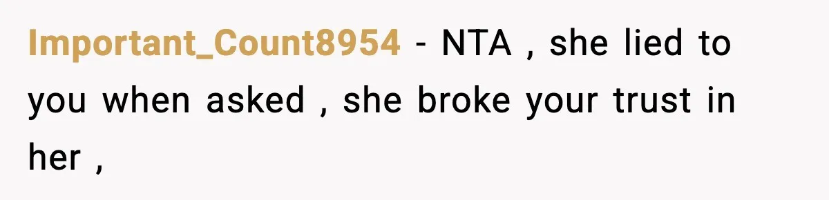 Important_Count8954 − NTA , she lied to you when asked , she broke your trust in her ,