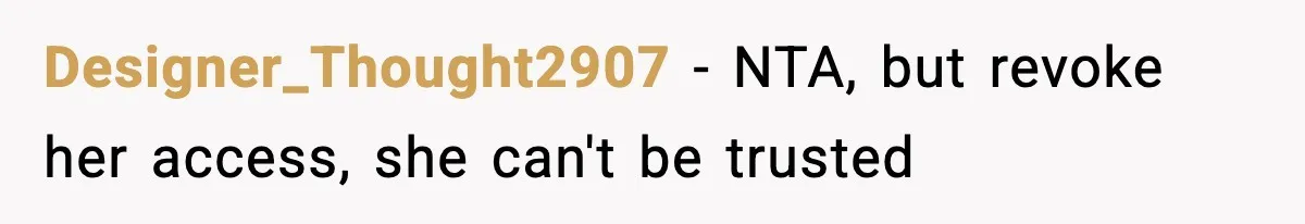 Designer_Thought2907 − NTA, but revoke her access, she can't be trusted