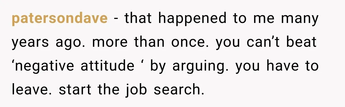Employee Gets Written Up For “Negative Attitude” After Finally Stopping A Coworker’s Work From Landing On Their Desk patersondave − that happened to me many years ago. more than once. you can’t beat ‘negative attitude ‘ by arguing. you have to leave. start the job search.