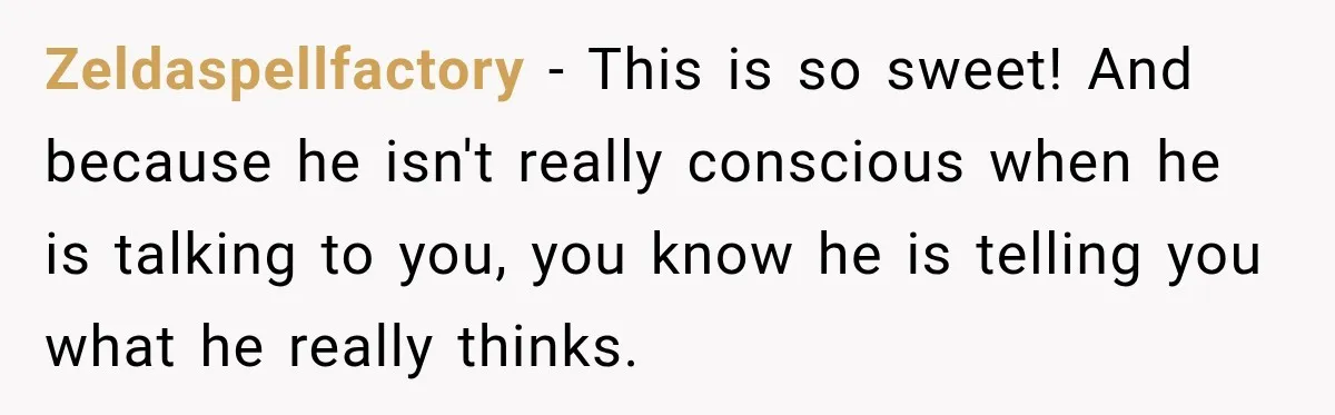 Zeldaspellfactory − This is so sweet! And because he isn't really conscious when he is talking to you, you know he is telling you what he really thinks.